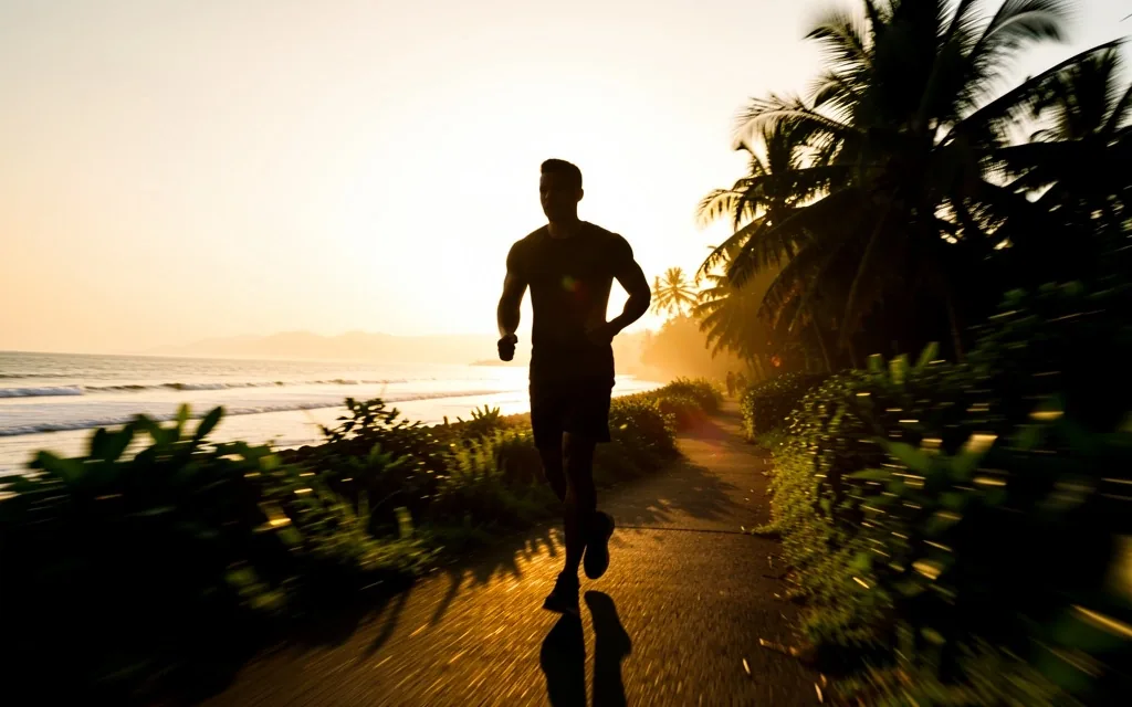 Active man walking at dawn on a coastal path