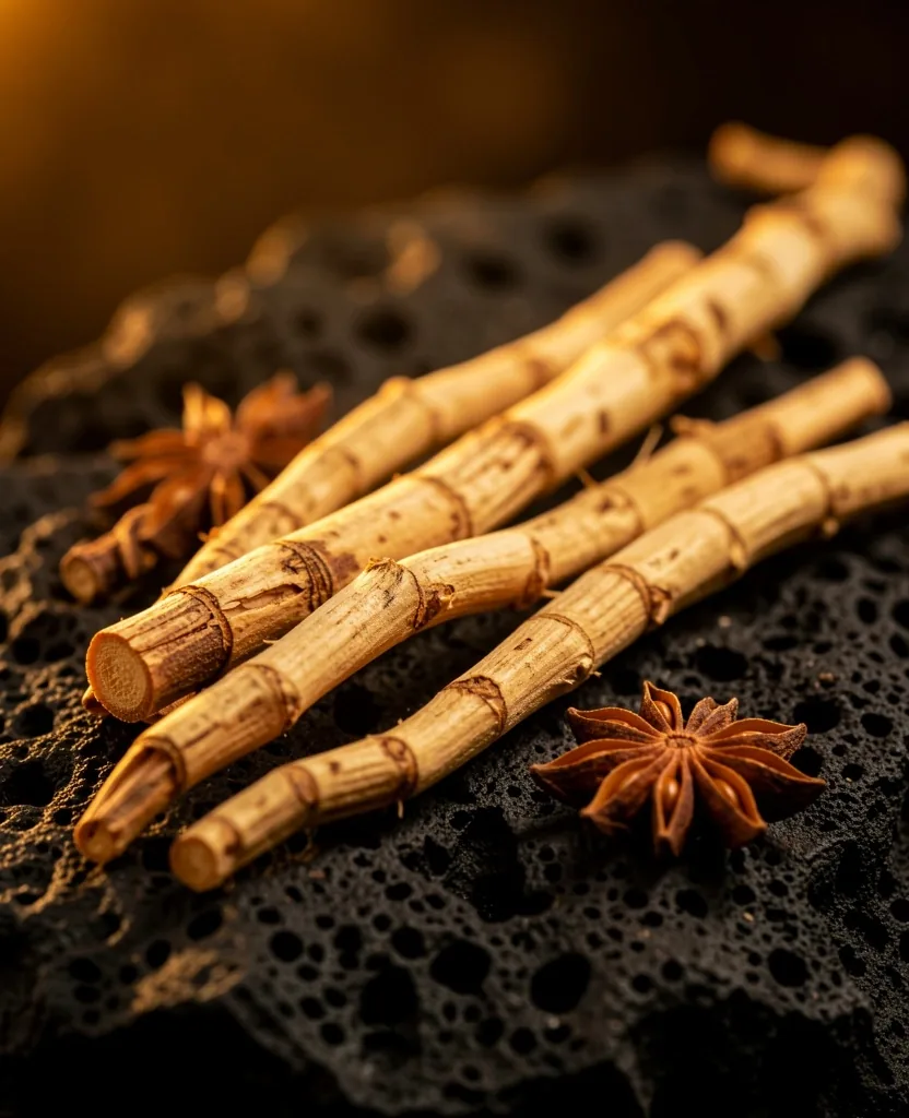 Dried botanical roots and herbs on dark slate