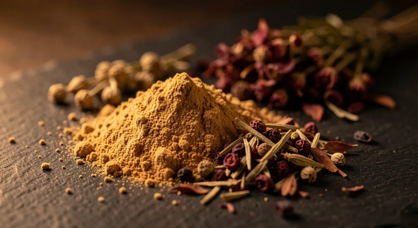 Natural supplement ingredients on a dark surface