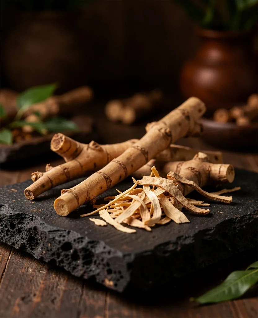 Natural supplement ingredients on a dark surface