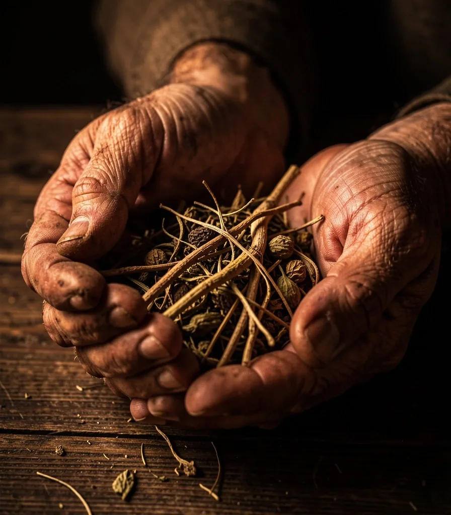 Dried herbal roots in hands