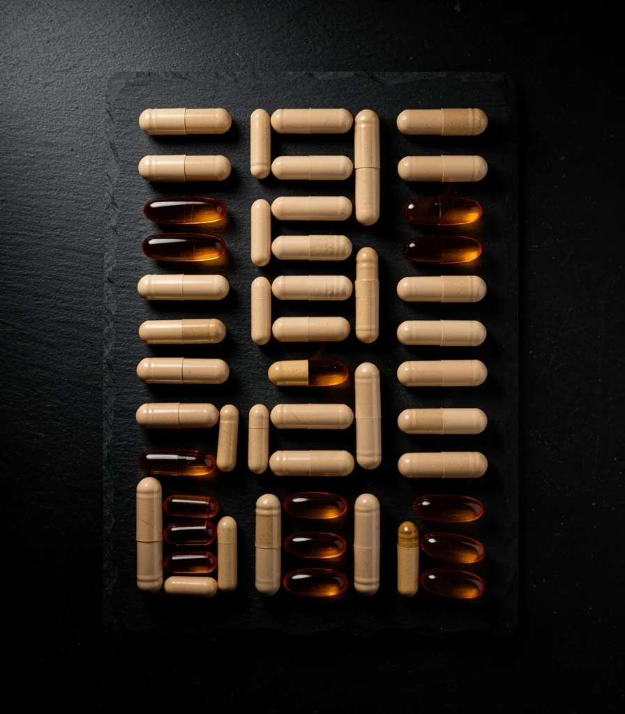 Natural supplement capsules arranged on dark surface