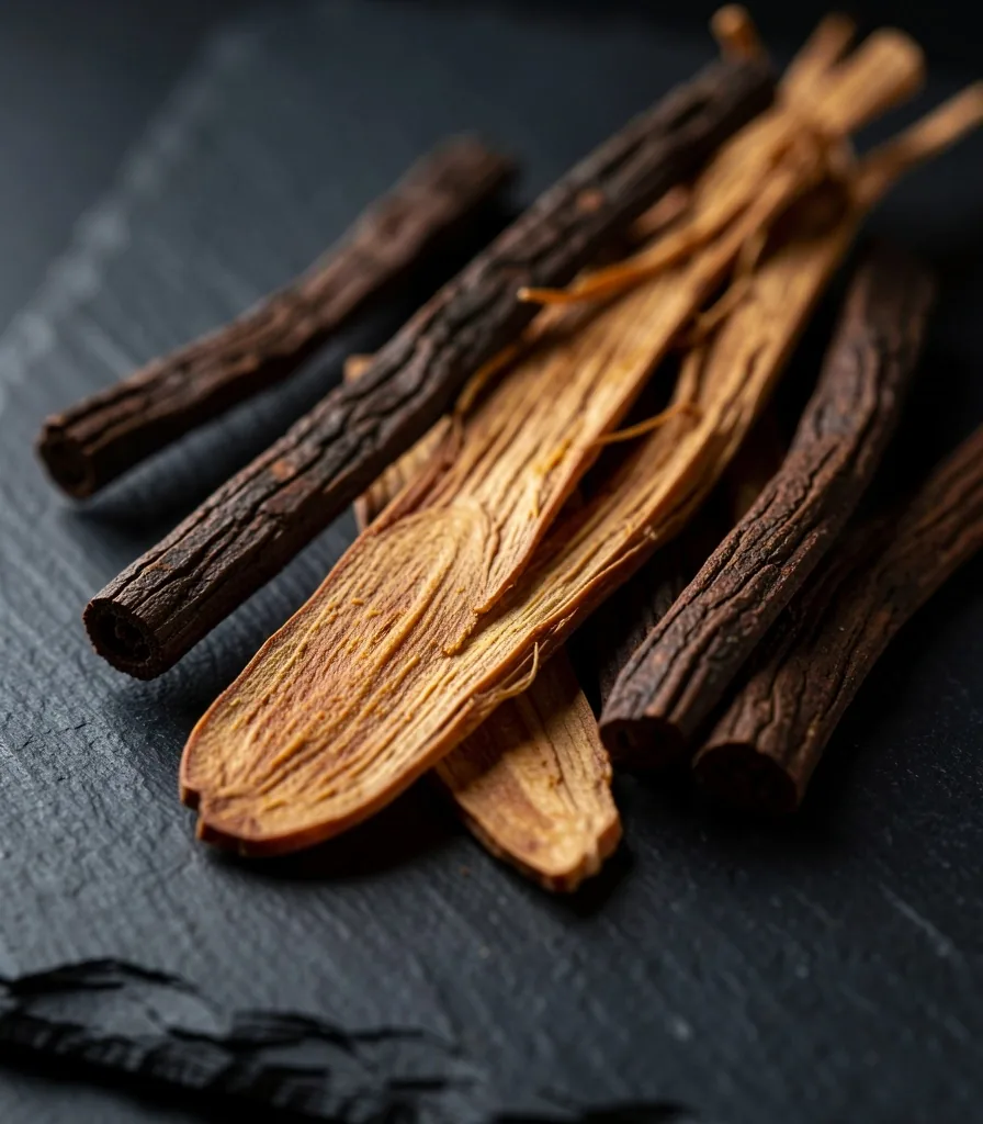 Dried botanical ingredients on a dark surface