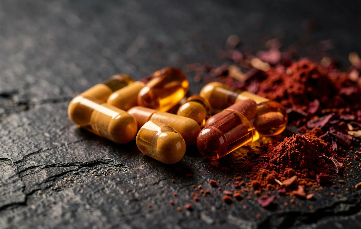 Natural supplement capsules on a dark surface