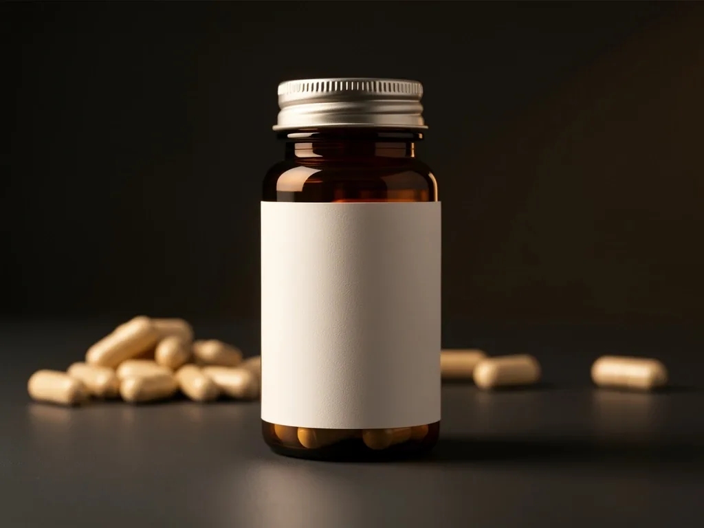 Supplement bottle on a dark surface