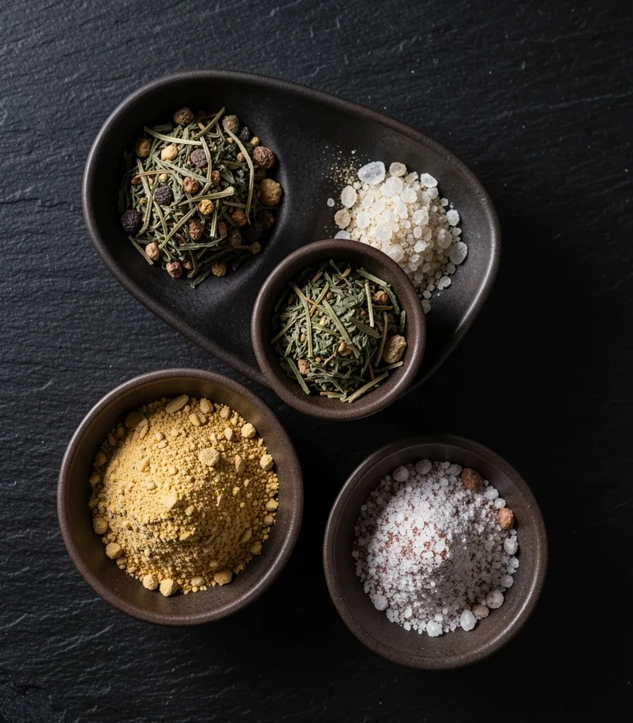 Ingredient sourcing workbench with herbs and mineral powders