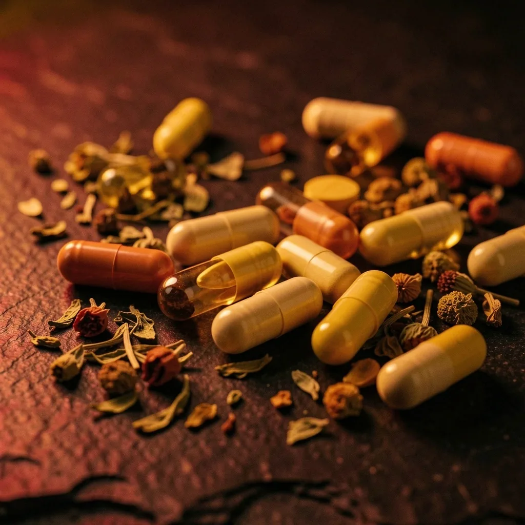 Natural supplement capsules and dried herbs