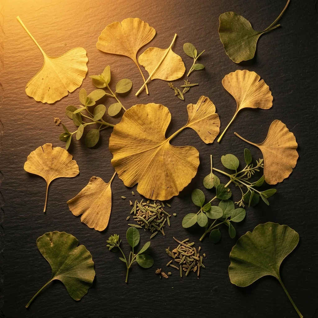 Dried ginkgo biloba leaves and bacopa herb on dark surface