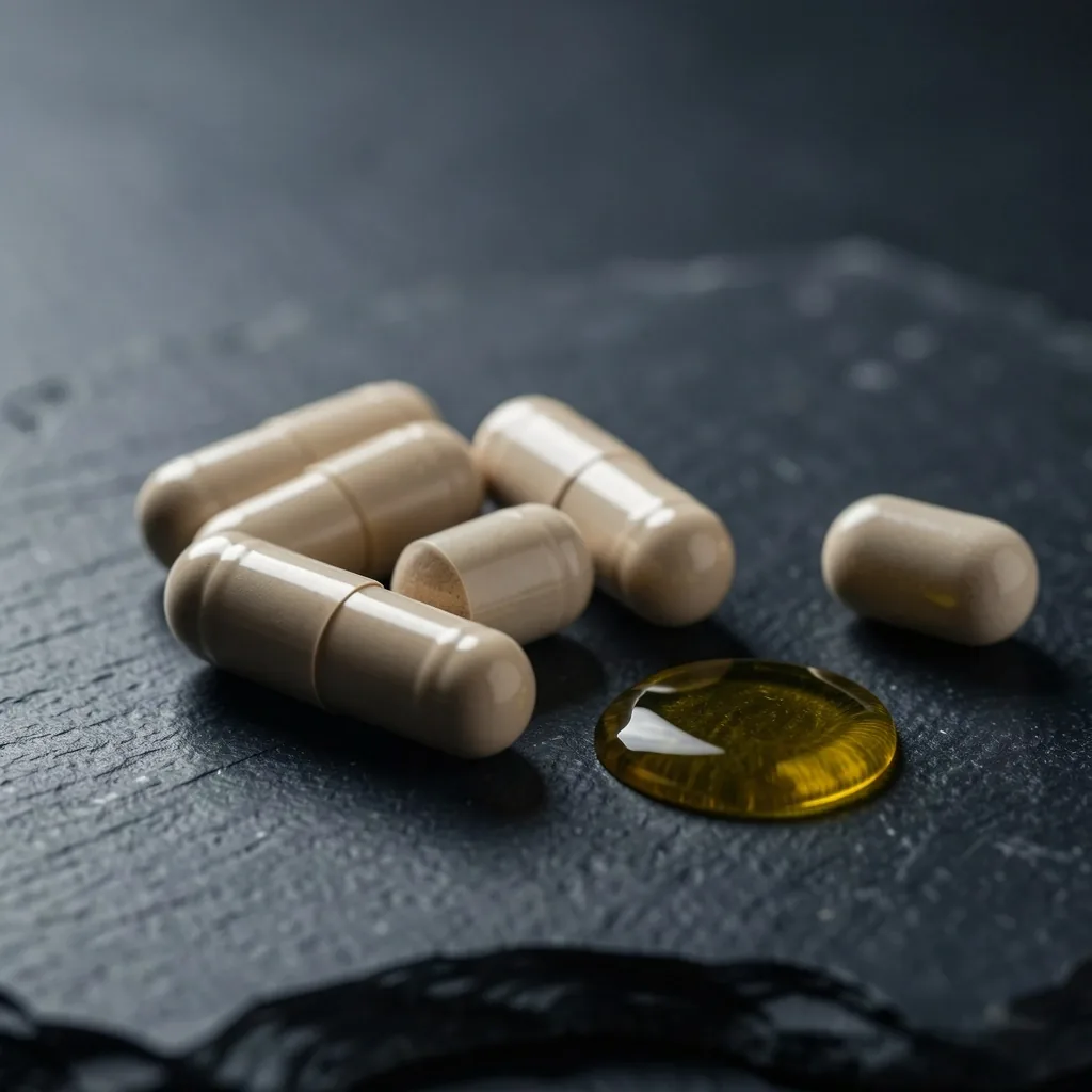 Golden omega-3 softgel capsules on dark surface