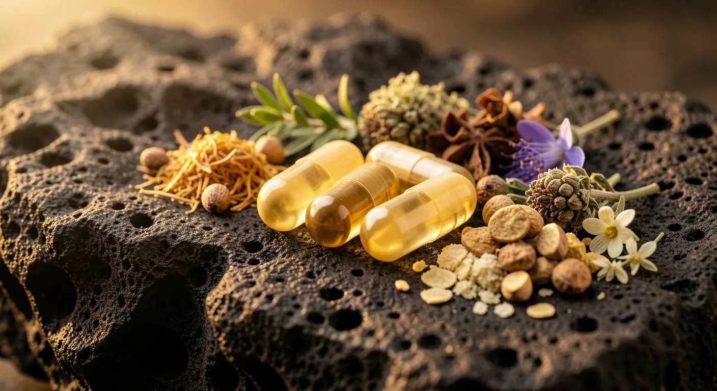 Natural supplement capsules arranged on dark stone