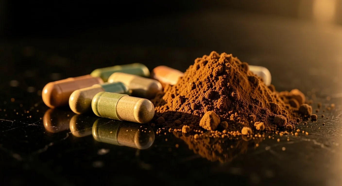 Natural supplement capsules on a dark surface