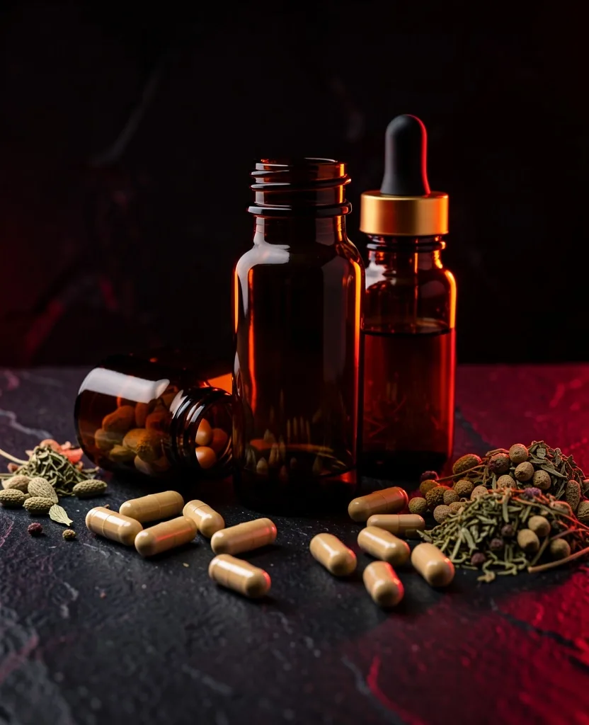 Natural supplement capsules on a dark surface
