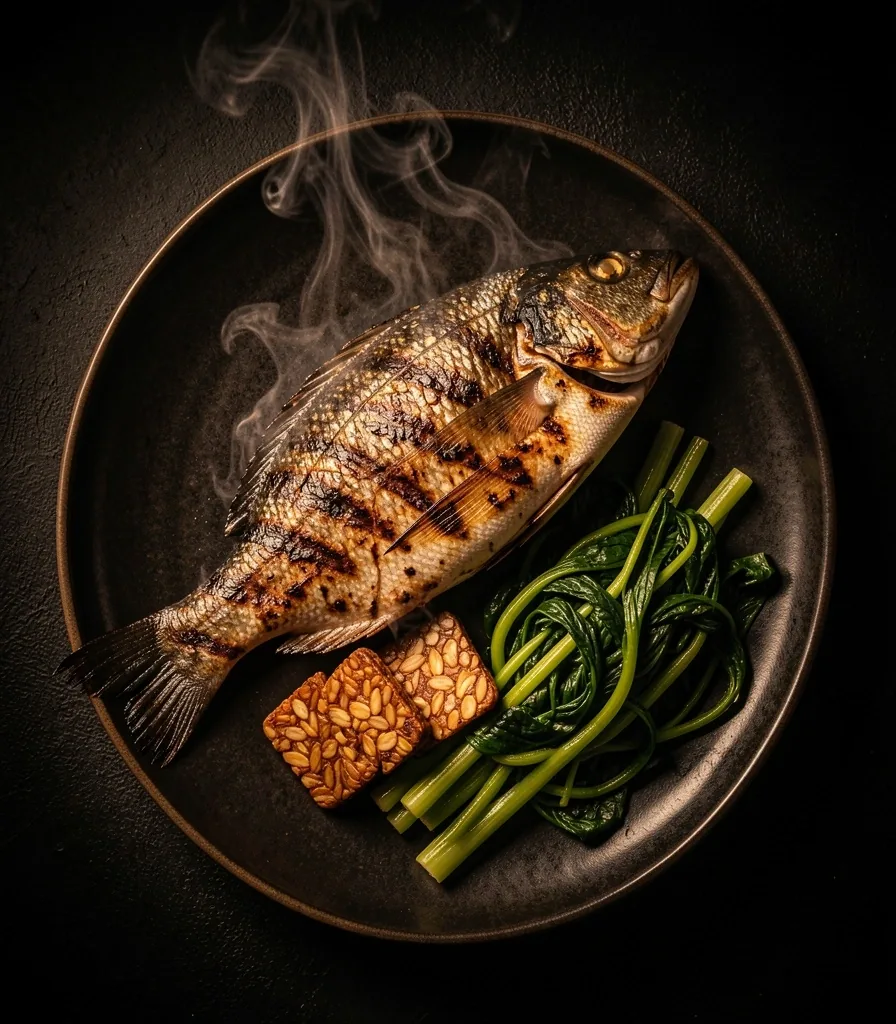 Healthy Indonesian meal with fish, tempeh, and vegetables on a dark plate