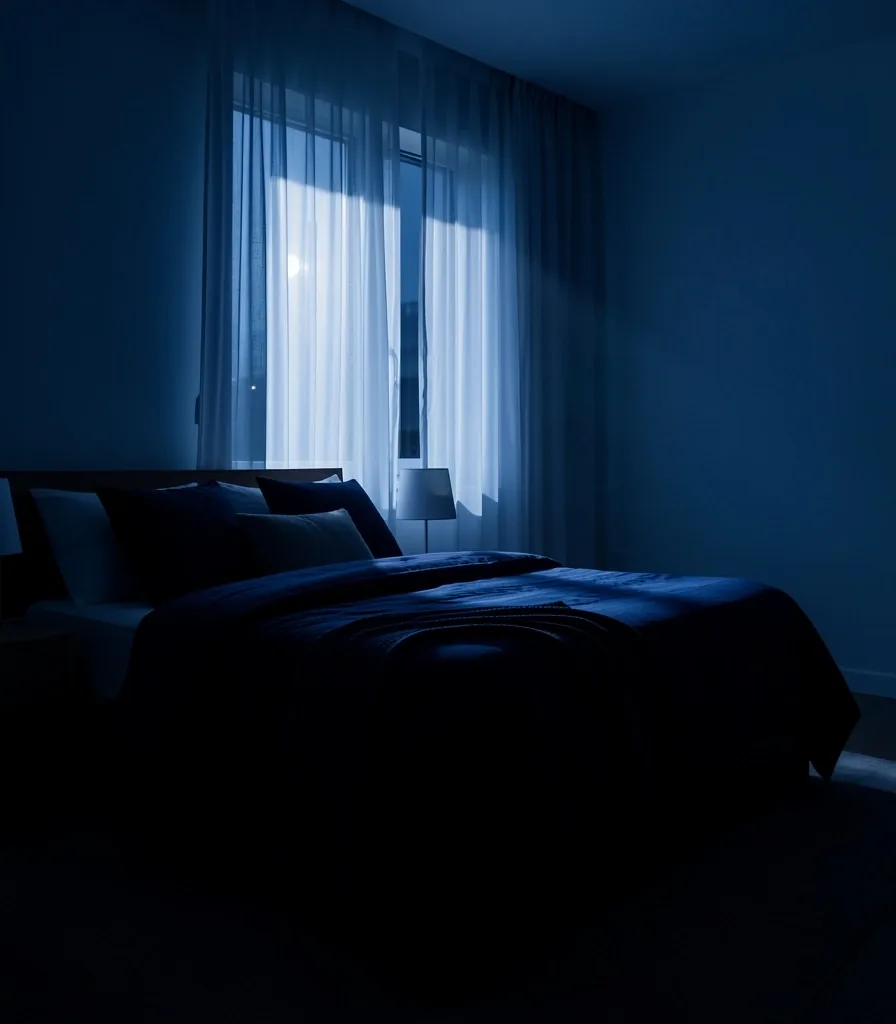 Minimalist bedroom with moonlight and dark linens