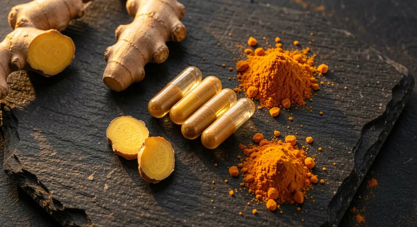 Natural supplement capsules and turmeric powder on a dark surface