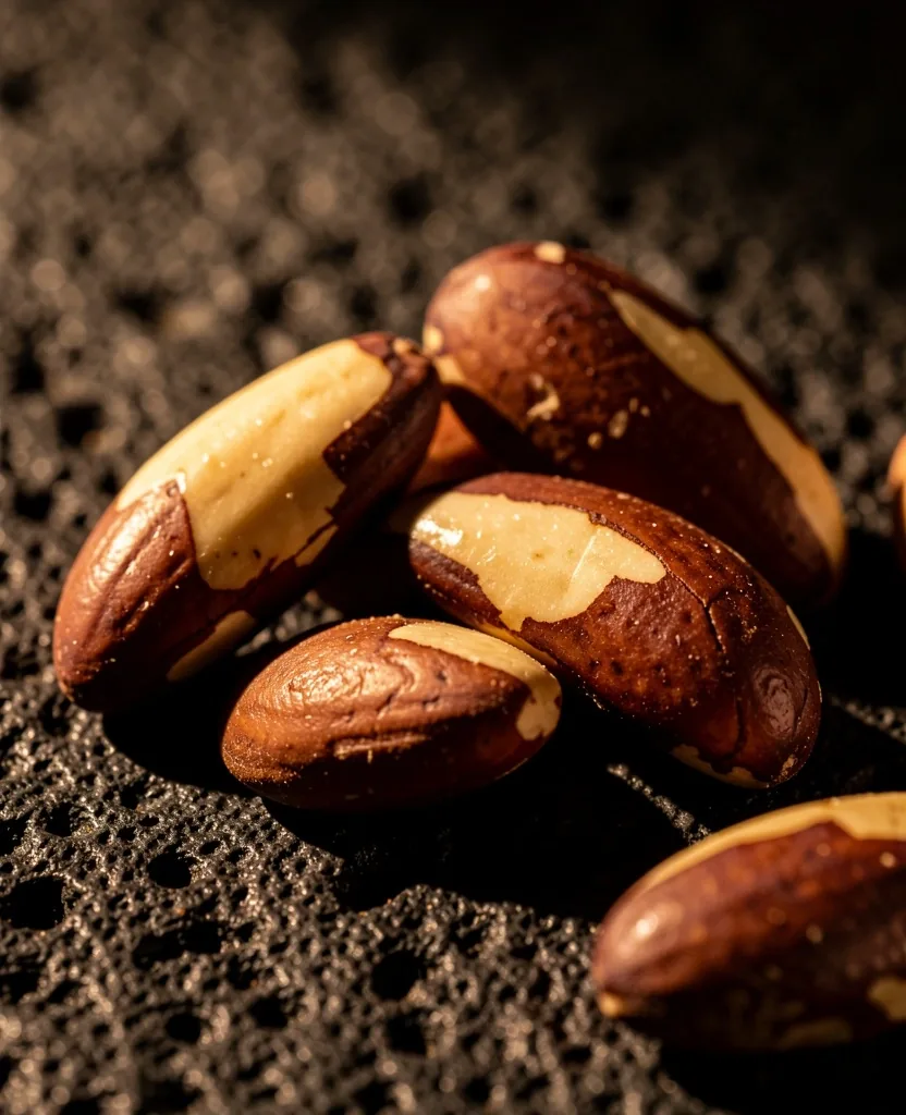 Cracked Brazil nuts on a dark stone surface