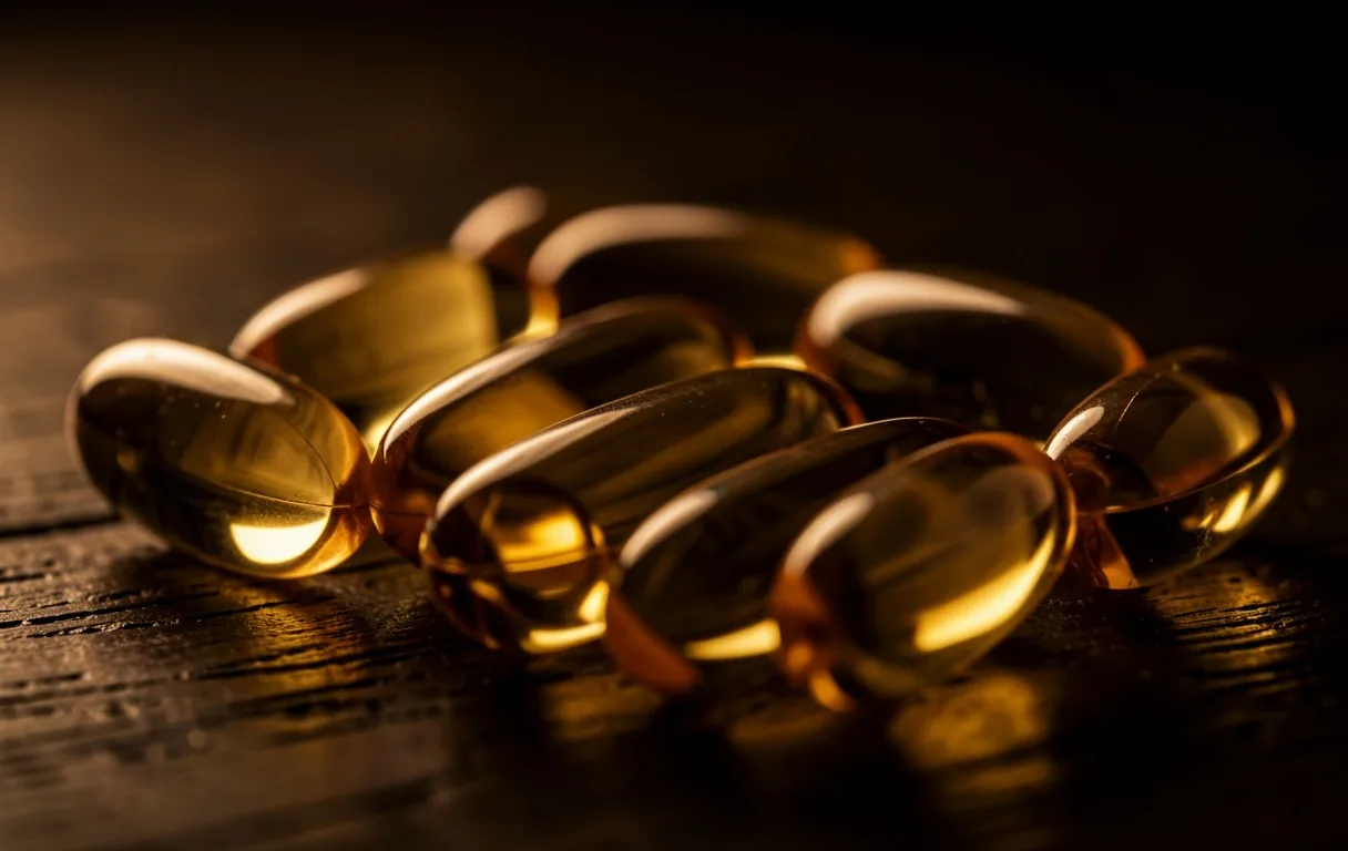 Glass jars of supplement capsules on a dark shelf