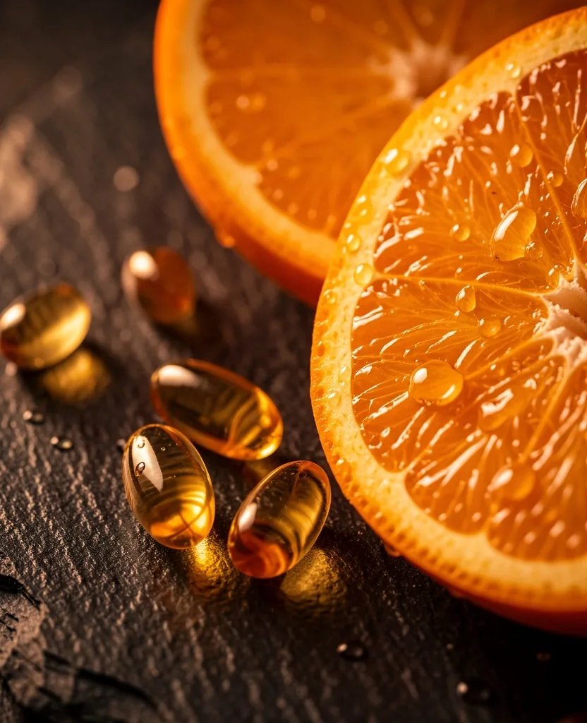 Orange slices and vitamin E capsules on a dark surface
